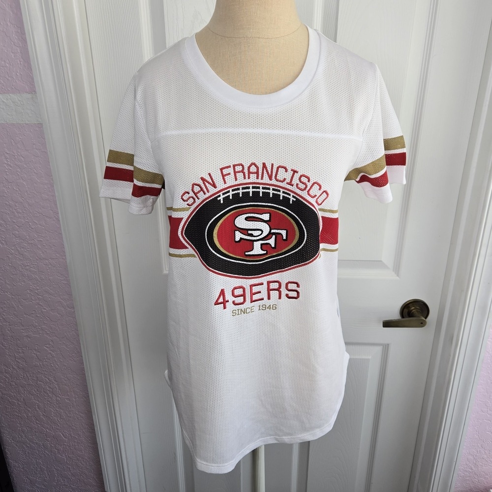 San Francisco 49ers Mesh Jersey Varsity Tee Shirt Womens Size M NFL Team Apparel